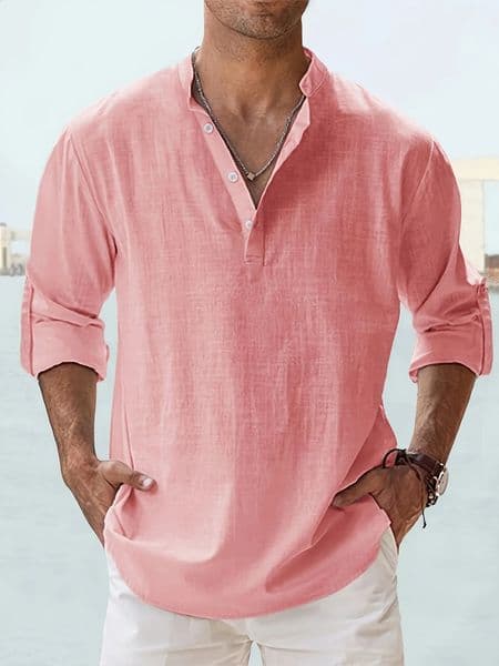 Mens Linen Stand Collar Long Sleeve T-Shirt Loose Fit Solid Color Long Sleeve Cotton Linen Shirt 260608
