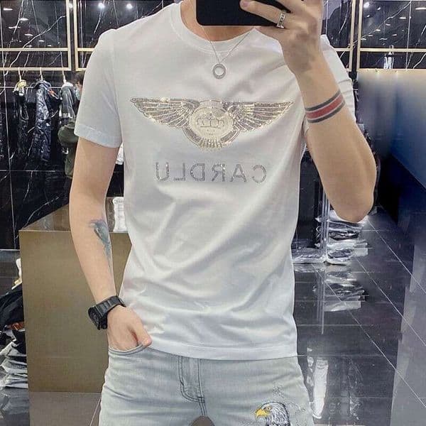 Colour Fashion 2026 Summer New Clothing Trendy European Style Laser-Embellished T-Shirt Men's Short-Sleeve Mercerized Cotton Item