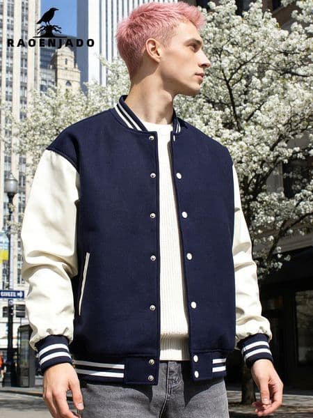 Mens Varsity Jacket Faux Leather Sleeves Letterman Classic Baseball Coat Bomber Jacket Color-blocking Light Weight Clothing 260608