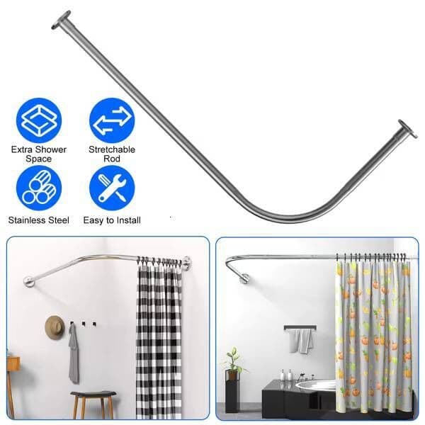 Curved L-Shaped Stainless Steel Adjustable Shower Curtain Rod, Rust-Proof And Extendable Bathroom Accessory