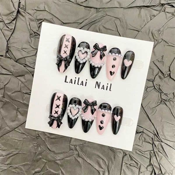 10Pcs Almond Handmade Press On Nails Middle Length Black Pink Color Fake Nails False Ballet Shoes Design Hearts Bows DecorationT260609