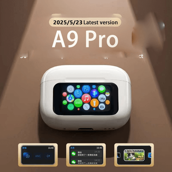 Top-of-the-line A9Pro Bluetooth headset with ANC noise cancellation, multi-functional smart touchscreen, color display, and multi-language ENC.