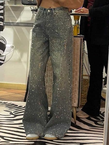 Jeans HOUZHOU Vintage Y2k Rhinestone Women Kpop Gyaru Shiny Denim Pants Korean Fashion Retro High Waist Wide Leg Jeans Street M260609