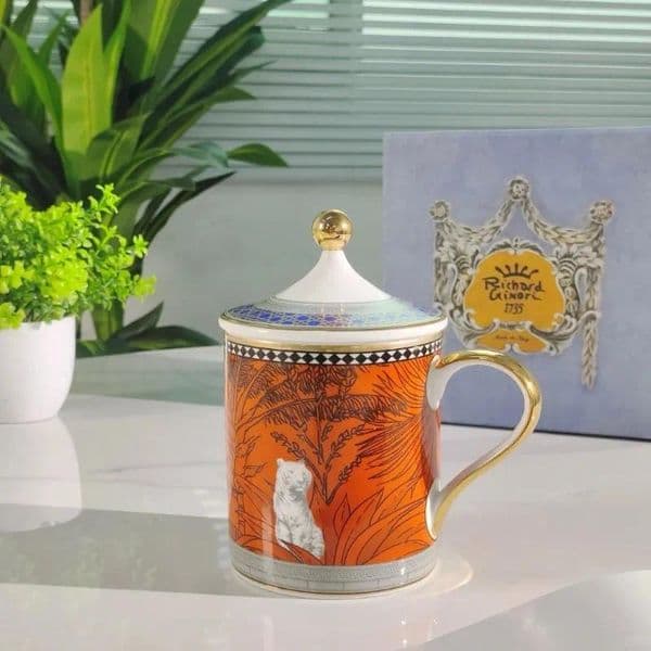 Italian Qin Ao Luxury Porcelain Cup Orange Tiger Stripe Tropical Plant with Lid Gold Handle Ceramic Teacup Home and Office Tableware Logo