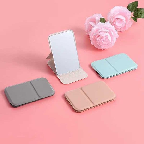 Desktop Makeup Mirror Solid Color PU Leather Simple Portable Handheld Makeup Mirror Foldable Student Compact Cute Pocket Mirror C260609