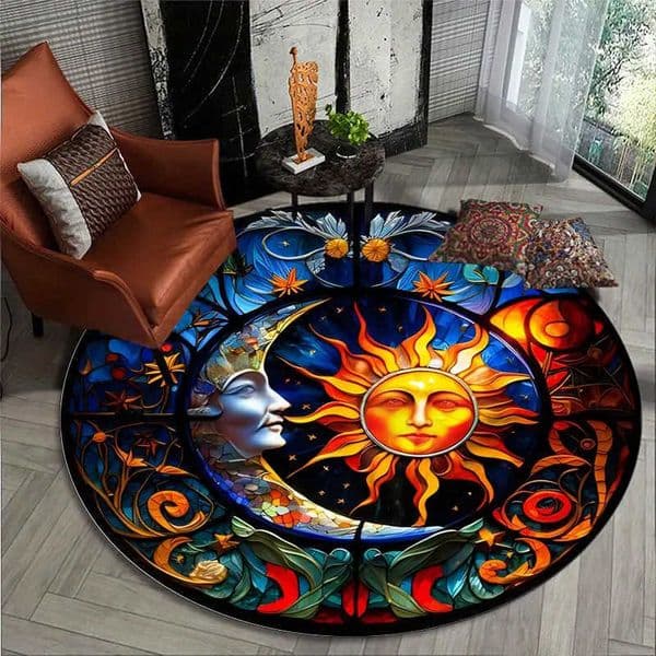 Decorative Colorful Vintage Celestial Sun Moon Round Carpet Mat Rug Star Map Earth Home Decoration for Living Room Bedroom D260609
