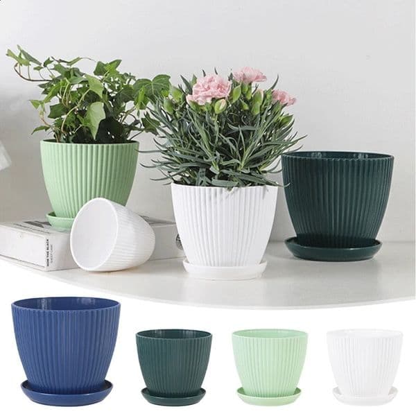 Plastic Planters Round Plant Pots with Tray Succulent Flowerpots Plants Garden Flower Nursery Pot Bedroom Office Flower Pot 260609