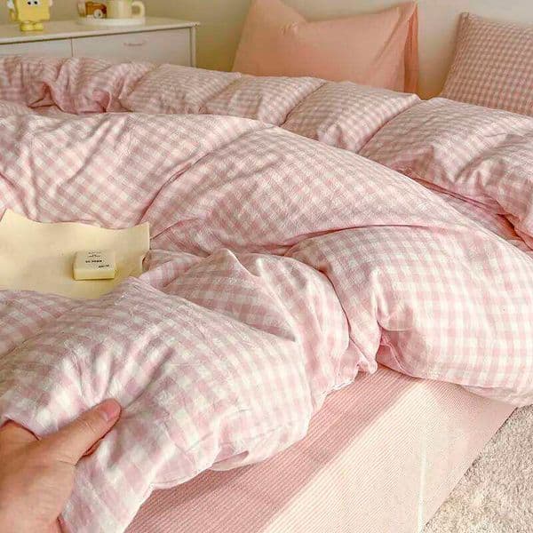 Pink Duvet Cover Classic Plaid Twin Queen Size Girls Boys Flat Sheet Pillowcase No Filler Soft Home Decor Bedding Set 26L0609