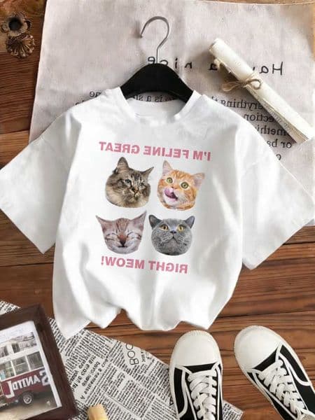 Funny Cat T-Shirts for Cute Women Retro Y2k Kitten Graphic Tees Aesthetic Cat Lover Streetwear Female Clothing M260609