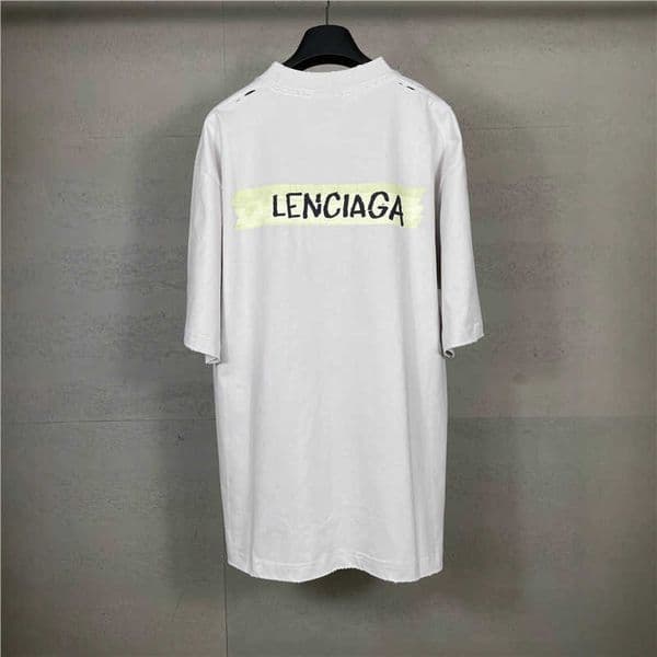 High quality designer clothing Paris high-end version 2025 new B-brand textured paper tape print distressed vintage OS loose plus-size short-sleeve T-shirt{category}