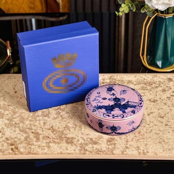 Retro Blue Floral Print Pink Ceramic Jewelry Trinket Box, Round Decorative Storage Organizer with Gift Box, Dresser Decor Wedding Festival Souvenir Present