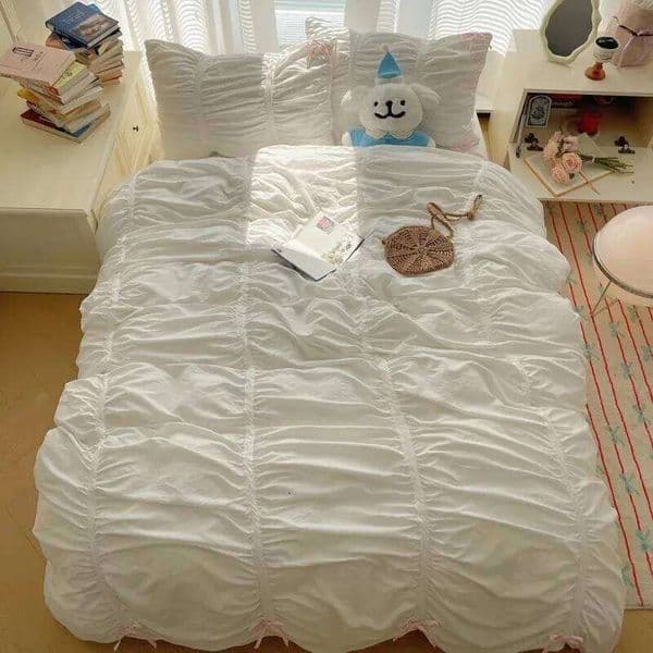 Solid Color Pleated Textured Soft Breathable Chic Princess 4pcs Bedding Set, Delicate Bows Twin Duvet cover Bed sheet Pillowcase 26Y0609
