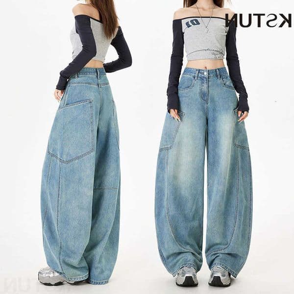 Waist Jeans High KSTUN Womens Wide Leg Baggy American Vintage Washed Denim Pants Large Pockets Cut Curved Knife Jeans Loose Fit M260609