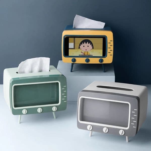Creative 2 In 1 TV Tissue Box Desktop Paper Holder Dispenser Storage Napkin Case Organizer with Mobile Phone Holder 260609