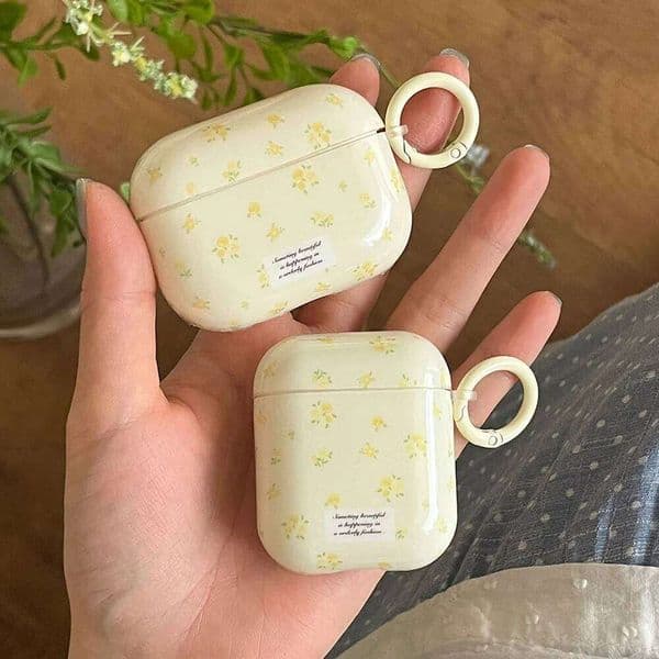 Korea Cute Full Yellow Flower Gloss Soft Protection Case For AirPods 1 3 4 Pro 2 Cover Shockproof Funda With Keychain 26W0609