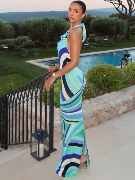 Fashion Printed Halter Long Dress for Women Elegant Sleeveless Backless Slim Bodycon Maxi Dresses Chic Summer Beach Party Robes 260609