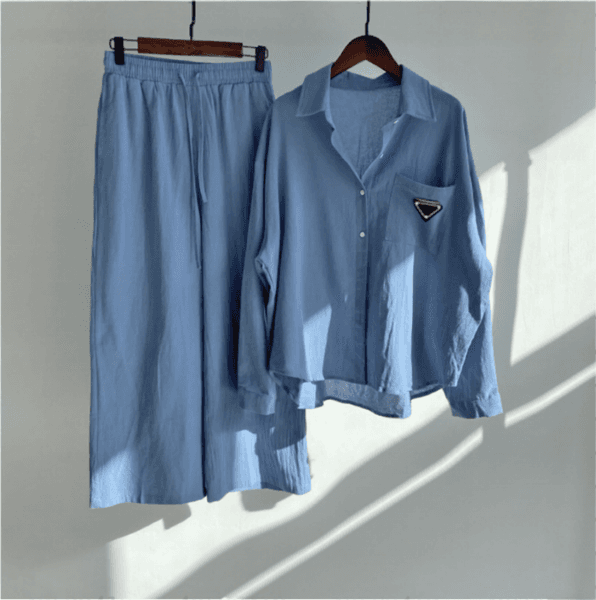 Trendy Long Sleeves Buttons Skin-touch Deep Crotch Autumn Tops Pants Set Comfortable Set for Home Wear