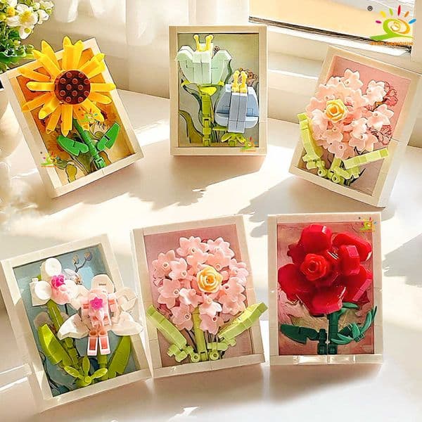 MOC HUIQIBAO Flower Photo Frame Model Micro Building Block Sunflower Rose Mini Diamond Brick Toy for Children Desk Decor H260609A1L1