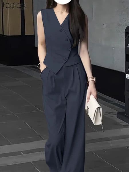 ZANZEA Elegant Summer Sleeveless Tops Wide Leg Trousers 2 Piece Sets Solid Office Lady Outfits Women OL Work Pants 2PCS 260609