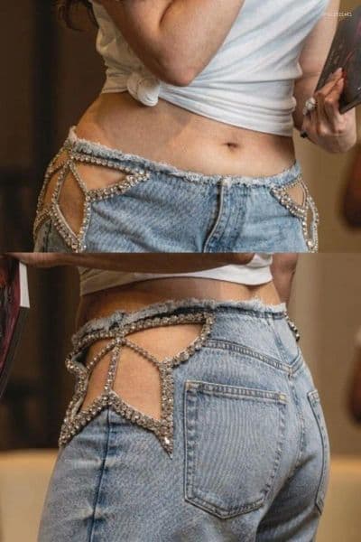 Women's Jeans Women Hollow Out Design Blue High Waisted Street Denim Pants Wear Y2K Loose Casual Clothing