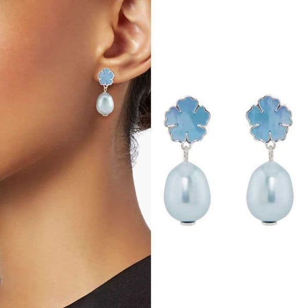 Designer Blue Clover Pearl Drop Earrings Silver Plated Fashion Jewelry for Women 060926