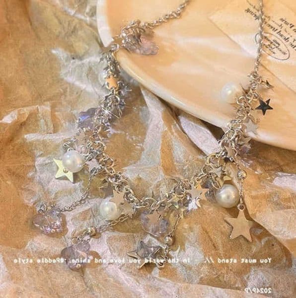 Girl Spicy Sweet Star Cool Crystal Butterfly Necklace Female Niche Design Tassel Collar Chain New StyleR260609