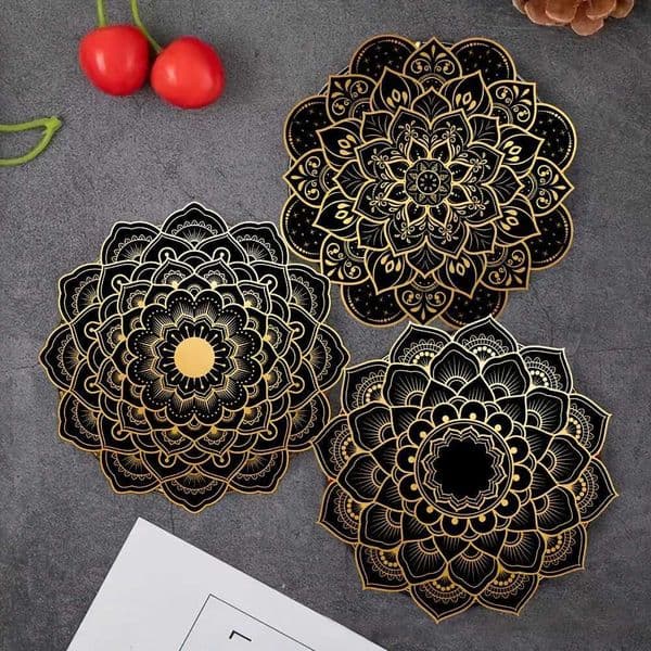 1set Round Wooden Coaster Heat Resistant Non-Slip 2D Flat Single-Sided Color Print Mandala Flower Restaurant Kitchen Coaster J260609