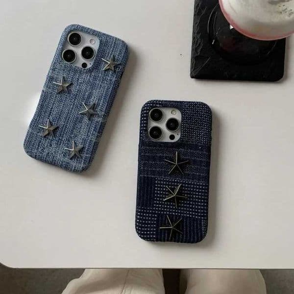 IPhone 17 For 16 15 14 13 Retro Denim Leather Metal Pentagram Star Decoration Phone Case for IPhone 17 16 15 14 13 Prax Pro J260609