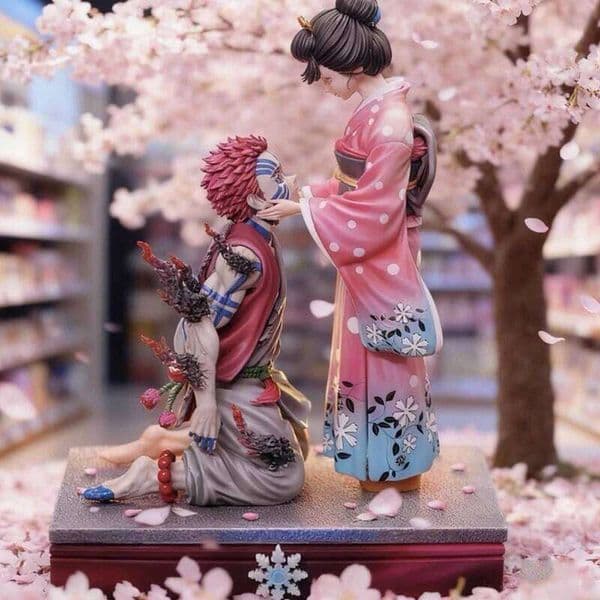 27cm Demon Slayer GK Popart Akaza & Koyuki Figure Anime Collectible Model Toy Cherry Blossom Scene Statue Desktop Ornament Gift 26L0609