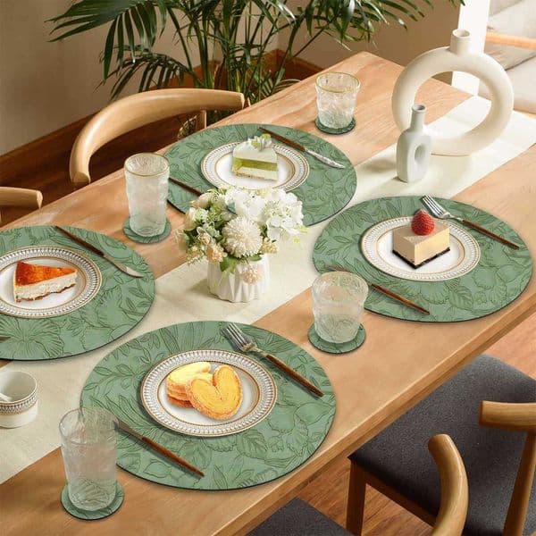 Floral Placemats Sets 4 Leather Round Place Mats 36cm Heat Resistant Non-Slip Washable Dual-Sided Kitchen Coffee Table MatsR260609