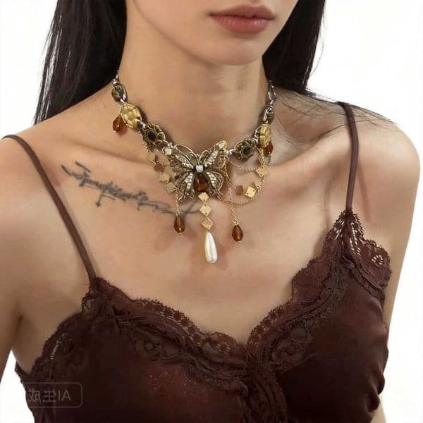 Maillard Chinese Vintage Style Lucky Sparkling Rhinestone Butterfly Pendant Necklace Brown Crystal Tassel Pearl Choker AuspiciouR260609