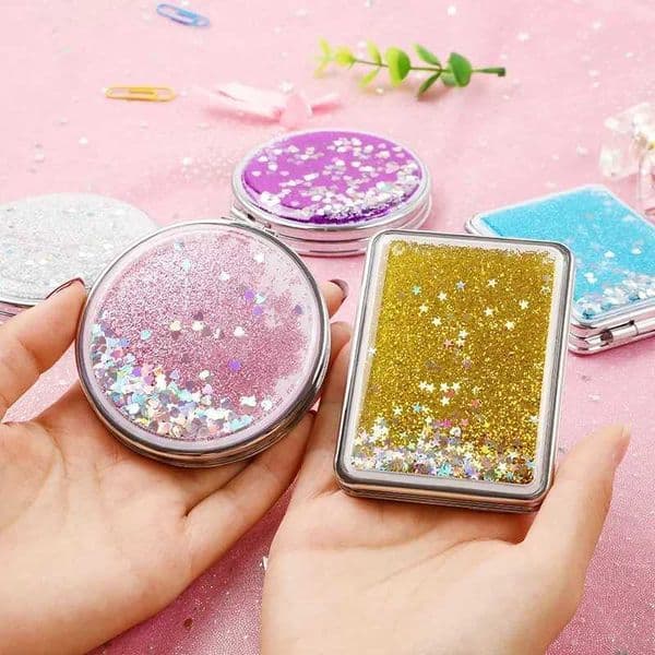 Folding Double-Sided Cosmetic Mirrors for Women Gifts with Flowing Sparkling Sand Mini Makeup Mirror Compact Pink C260609