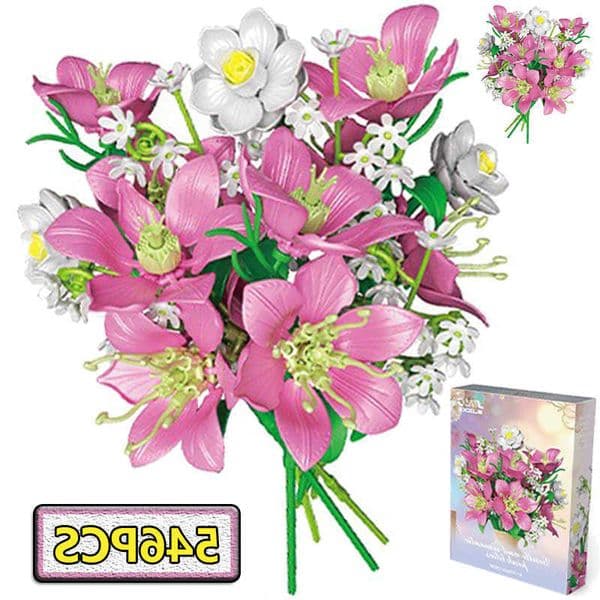 Beautiful Creative Zinfandel Bouquet Building Blocks Pretty Pink Flower Home Desktop Decoration Toy Gift For Girl Kid Girl Adult H260609WY3G
