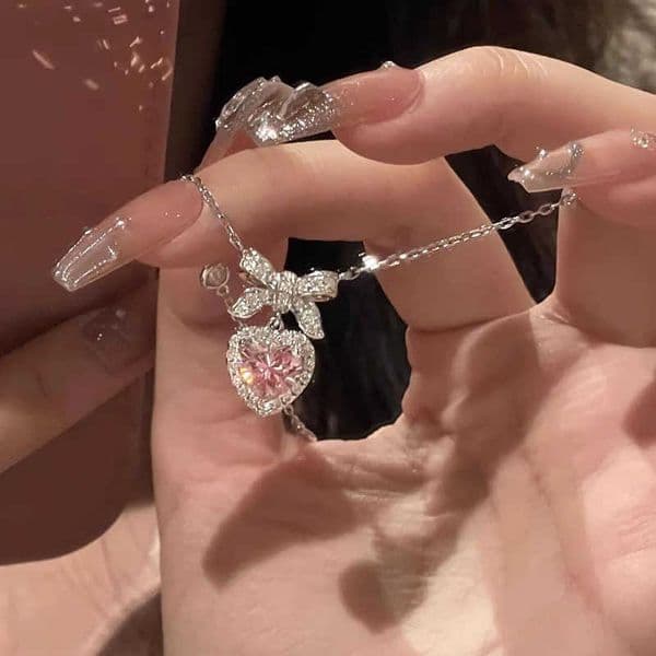 Heart Korean Fashion Pink Crystal Bow Tie Pendant Necklace Silver Color Chain Neck Necklace for Women Wedding Aesthetic JewelryR260609