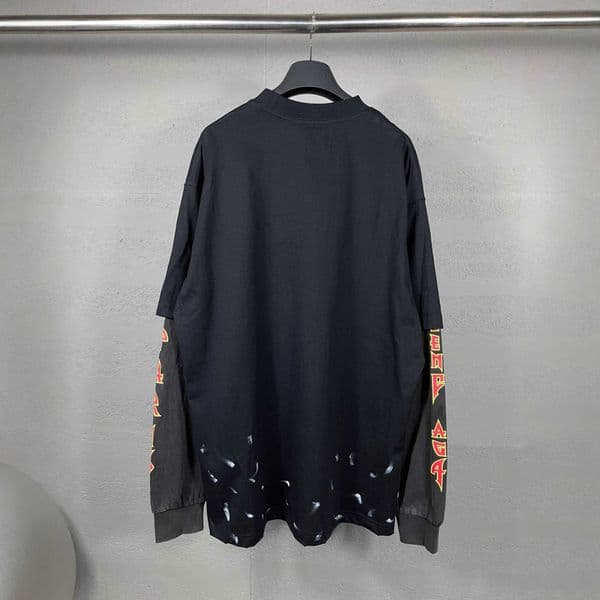 High quality designer clothing High Version Paris B Brand Trendy Lightning Letter Straight Crack Print Frayed Washed Vintage Patchwork Unisex Long Sleeve T-Shirt