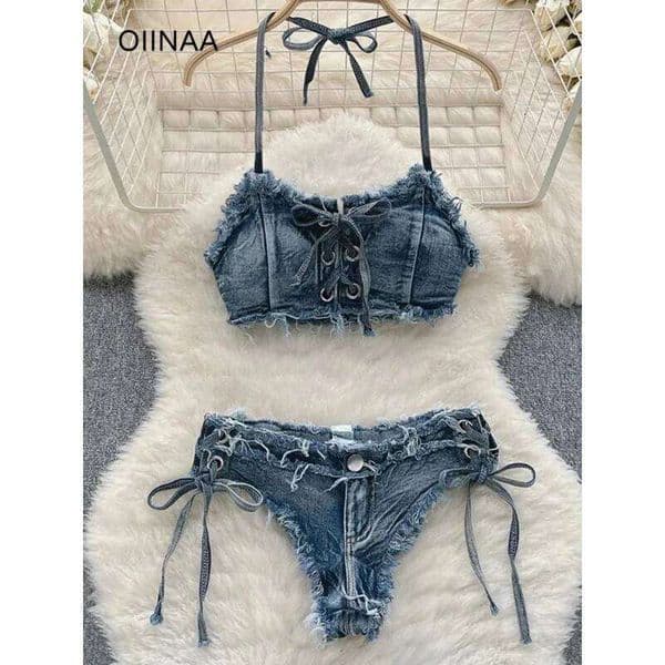 OIINAA Bathing Suit Women Sexy Denim Suits Bikini Set Lace Up Drawstring Beachwear 2025 Solid Summer Vintage Two-pieces Swimwear 26Y0610