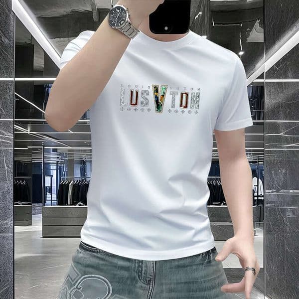 Summer Crew Neck T Shirt With Rhinestone Accented Letter Print Slim Fit Lightweight Breathable Casual Streetwear Short Sleeve Tee Available In Multiple Colors