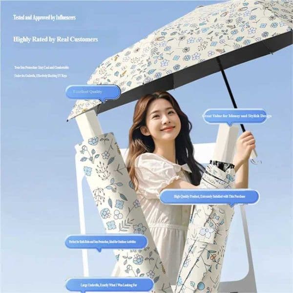 Print Floral Black Coating Parasol Anti-UV Sun Shade Umbrella Portable All-Weather Rain Sun Umbrella for Ladies D260610