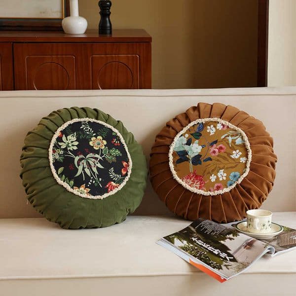 Traditional Floral Pattern Round Pillow New Chinese Style High-End Living Room Decorative Cushion National Trend Velvet Bedside Pillow L260606