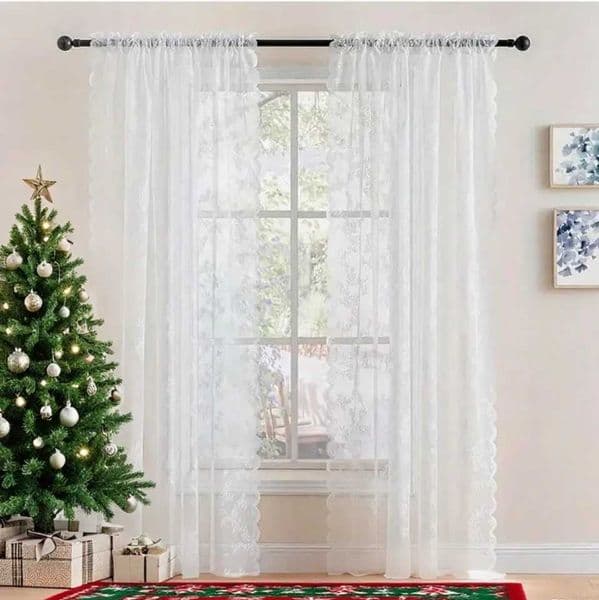 Sheer Curtains 1PC Christmas White Lace Curtains for Living Room Bedroom Sheer Curtains Rose Floral Embroidered Farmhouse Window Drapes L260610