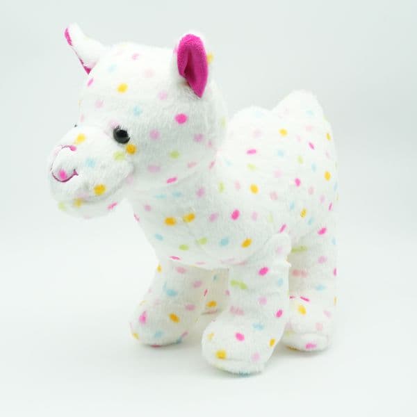 Colorful Plush Toy White Fluffy Alpaca Stuffed Doll With Rainbow Spots Pink Inner Ear Cute Smiling Face Soft Animal Plushie For Girls Room Decor Birthday Gift
