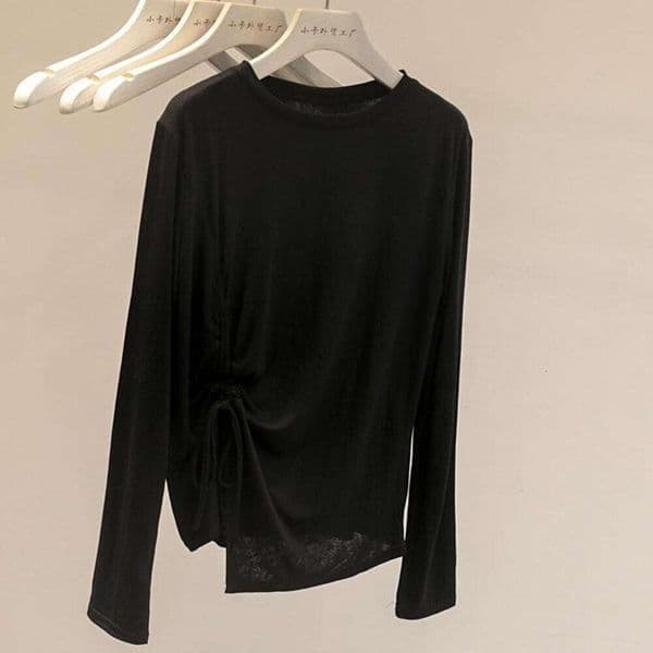 Korean Style Lady! Lightweight Cool Bamboo Cotton Drawstring Long Sleeve T-Shirt For Women Simple Solid Color Sun Protection Cover-Up Trendy 271