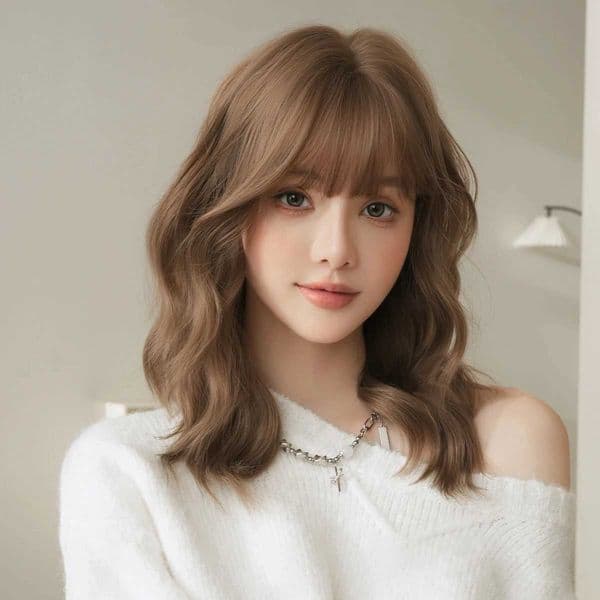 7JHH WIGS Shoulder Length Water Wave Honey Brown Wig for Women Synthetic Modest Fashion Wear and Go Wigs with Neat Bangs C260609