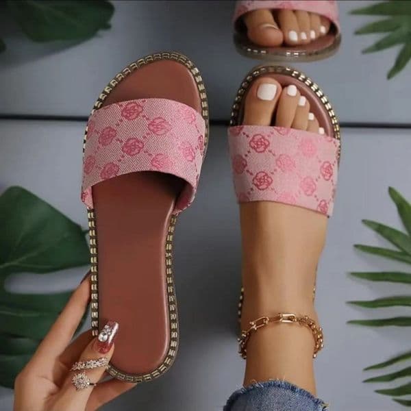 2026 Designer Slide Fashion Slipper sandal Women Summer Sandals Flat Sole Flower Print Slip-On Beach Slides Shoes Slipper 32
