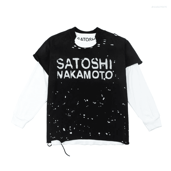 Men's T Shirts Satoshi Nakamoto T-shirt Long Sleeve Women's Street Ripped Loose Washed Hip Hop Letter Print Tshirts 2 Pieces Wear