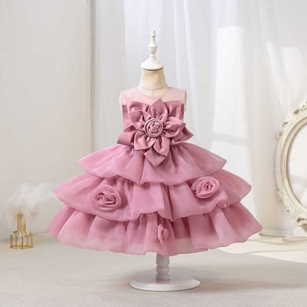 Pink Flower Girls Party Dress Elegant Formal Tulle Wedding Bridesmaids Princess Prom Dresses for Birthday Evening Kids ClothingR260610