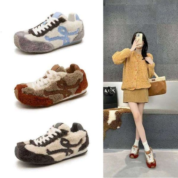 Women's Versatile Forrest Gump Shoes Color Matching Ugly Cute Hairy Lace-up German Training Flat Winter New Casual Sneakers 26M0224 32
