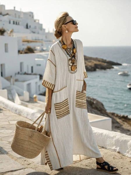 Autumn V-Neck Striped Contrasting Half Sleeves Maxi Women's Loose Pocket Vacation Long Dresses Floral Print Bohemian Dress