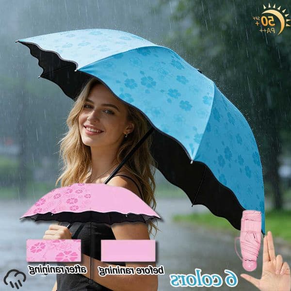 Flower Magic 3 Fold Umbrella Rain Sun Dual Use Water Reveal Pattern UV Block Compact Travel Umbrella for Kids Women Men D260610