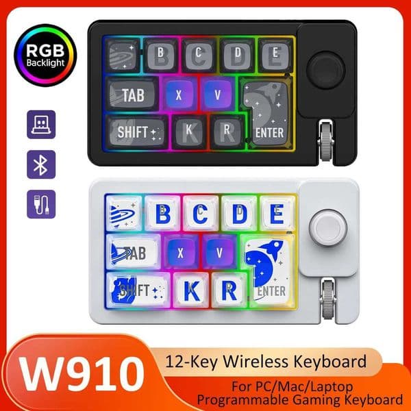 W910 USB/Bluetooth/24G Wired/Wireless Programmable Mechanical Gaming Keyboard Hot-swap Keypad 12 Keys Mini RGB Light Keyboard T260608